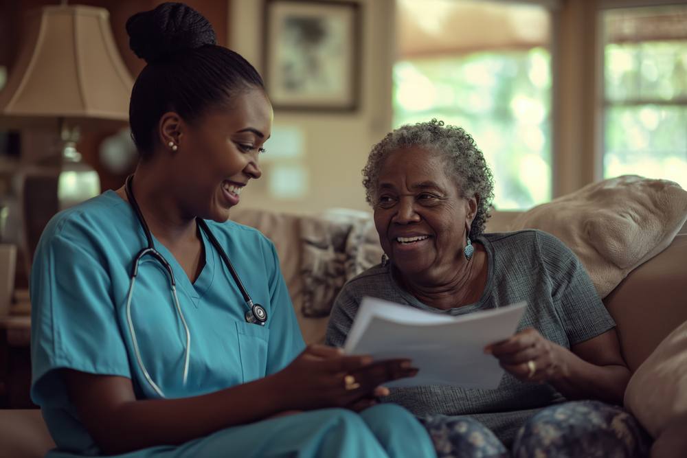 A carer in scrubs smiling with an elderly woman at home